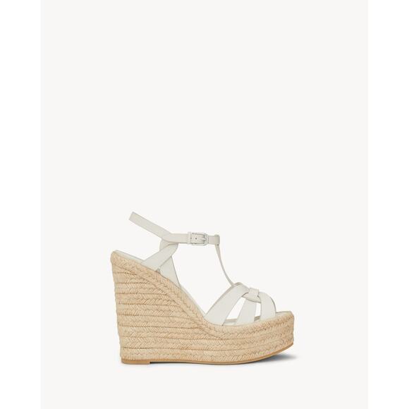 Saint Laurent Tribute T-Strap Espadrille Platform Wedge Sandals White Leather - Picture 1 of 10